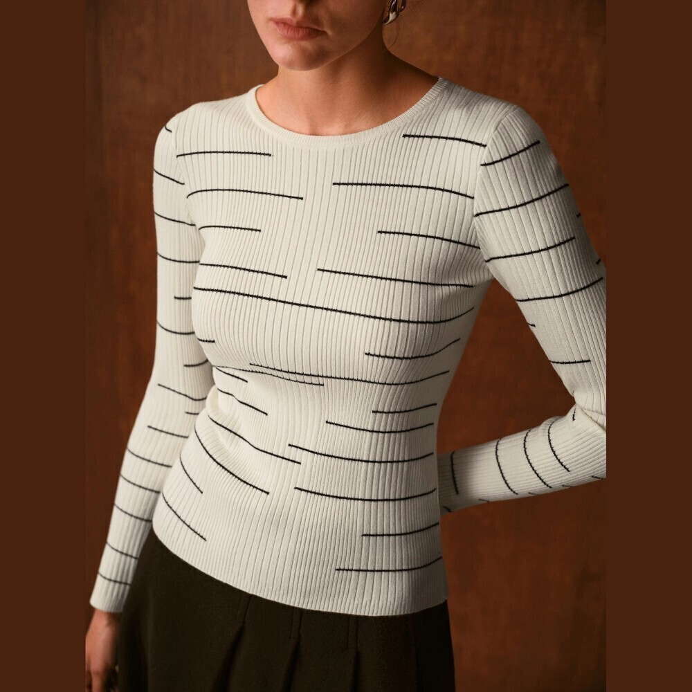 Ivory Ribbed Knit Broken Stripe Slim Fit Long Sleeve Sweater